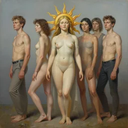 an uncut centered overdetailed hypermaximalist sideview fullbody portrait shot of sun goddess, realistic painting by dragan ilic di vogo, andrei riabovitchev, tomasz alen kopera, glenn brown, paul lewin. surrealism inspired by dom qwek. contra pose. muted complementary colors. smooth and polished. visionary fineart.