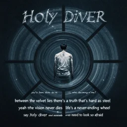 holy diver you've been down too long in the midnight sea oh, what's becoming of me? between the velvet lies there's a truth that's hard as steel, yeah the vision never dies life's a never ending wheel, say holy diver you're the star of the masquerade no need to look so afraid