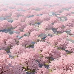 a town filled with trees with pink leaves, artstation