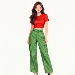 digital watercolor painting of beautiful woman wearing a red top, green cargo pants, long tailored yellow coat by artgerm, thomas karpi, taras susak, artstation, intricated, detailed, full body shot