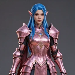 a beautiful and highly detailed digital portrait of a dignified female elven paladin with blue hair in rose gold armor by clint cearley and karol bak, centered, artsation contest winner, cgsociety, fantasy art, cryengine, concept art, photorealism, daz 3 d, sketchfab, zbrush, vray