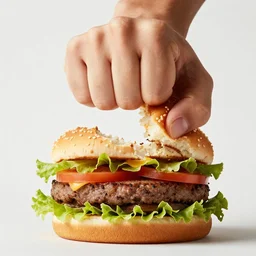 hamburger crushed by fist, smashed buns, commercial photography