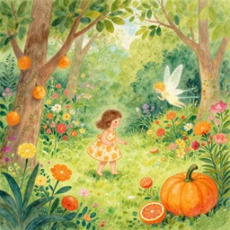 blood orange, pumpkin orange by lorenz hideyoshi. a whimsical garden scene. in the drawing, a young girl can be seen playing among the flowers & trees, while a fairy watches over her.