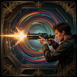 man shoots a blaster, he fires a blaster at the murmurs of murderers, perspective, spaceship room, details face, dark room, side profile centered, by artgerm, cushart krenz, greg rutkowski, james jean. art nouveau. gloomhaven, swirly vibrant ripples, gaudy colors, sharp edges. ultra clear detailed. 8 k. elegant, intricate, octane render