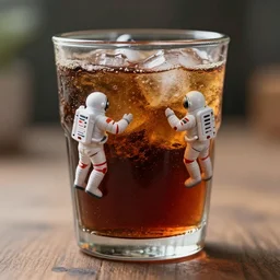 a 3 5 mm macro photo of a refreshing glass of soda with astronauts swimming around inside the glass, unreal engine
