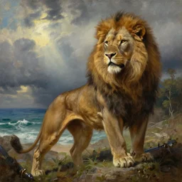 muscular lion as barbarian hunter with sword  , very textured detailed oil painting panoramic 4k hires detailed portrait by rembrandt,  dramatic clouds, sea  ,sun rays through trees