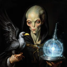 a baroque close - up portrait of a cosmic alien wizard, his bird, and a glowing sci - fi time machine. black background. highly detailed science fiction painting by norman rockwell, moebius, frank frazetta, and sandro botticelli. high contrast. renaissance masterpiece. artstation
