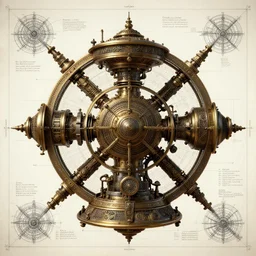 symmetrical steampunk blueprint of a Perpetuum mobile, marginalia, symmetry, intricate Details, raphael lacoste, eddie mendoza, alex ross, concept art, matte painting, highly detailed, rule of thirds, dynamic lighting, cinematic, detailed, denoised, centerd, clean render