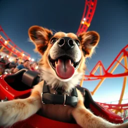 selfie of an excited dog riding a roller - coaster, wide angle, highly - detailed realistic