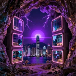 of a cave with a miniature futuristic photo - realistic view of hong kong with mirror windows : 4, beautiful neon lights : 6, highly symmetrical, balanced, purple lightning clouds : 3, octane render, violet sun : 2, in the style of sahm : 3, hd, ultra - realistic, in unreal engine