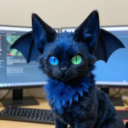 a blue - and - black male heterochromatic catbat fursona with blue / green heterochromatic eyes ( differently - colored eyes, one green, one blue ) and huge bat ears, photo of the catbat streaming on his computer
