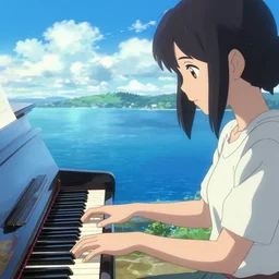 Anime girl playing piano on blue water, far away, arm, eyes, landscape, scenery, Cushart Krenz, Shinkai Makoto, by Lluluchwan, lots of details, highly detailed, 4k