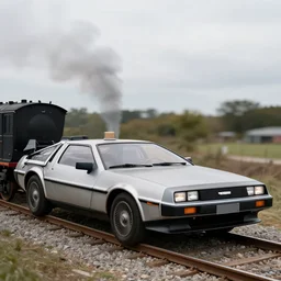 A freight train designed in the style of a DeLorean car