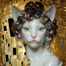 face centered portrait, artwork by james jean, hyperdetailed realistic smooth polished porcelain, beautiful cat queen, jean delville, art nouveau, gustav klimt, ornate metal gothic icon with heavy patina, james jean, ultrasharp hyperdetailed photorealistic octane render, otherworldly, whimsical, visionary, ethereal, mythology