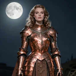portrait of a stunningly beautiful paladin in copper plate armor who looks like young michelle pfeiffer, moonlight in the background by boris vallejo and julie bell, full body, soft details, soft lighting, HD, elegant, intricate, masterpiece