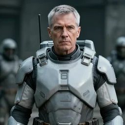 movie photograph of an old man who is a veteran of many futuristic wars with short gray hair and blue eyes. he is wearing a light gray futuristic suit of heavy combat armor and holding a blaster in one hand and a plaster plasma - proof shield in the other. riding a white armored motorcycle charging into enemy lines while firing plasma bolts. futuristic charge. grassy plain with mountains in the distance.
