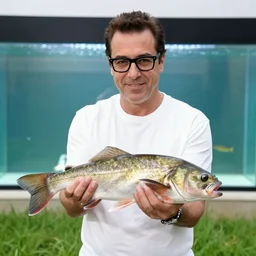 ray romano with glasses holding a catfish in front of an aquarium, grass, macro, steampunk, nature, morning light, vibrant, artstation, highly detailed, masterpiece, art by jan urschel