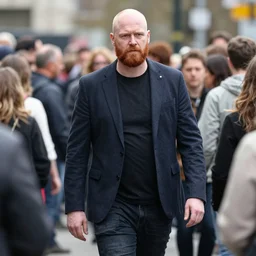 a 7 foot tall, ginger, balding man walking among the crowd