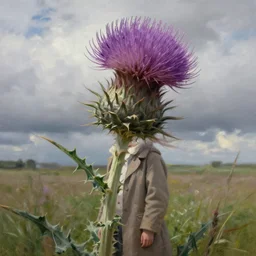 portrait, massive thistle flower head, a girl wearing coat in field, surreal photography, wind, cloudy sky, dramatic light, impressionist painting, digital painting, artstation, simon stalenhag