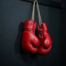 “a pair of old red leather boxing gloves hanging on the wall in the corner of a dark gym, dimly lit”