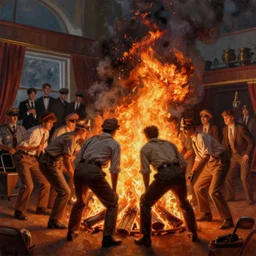 men in suite burning on fire, norman rockwell, tim hildebrandt, mark maggiori, jeff dekal, long shot, hyperrealistic oil painting on canvas, deep depth field, cinematic composition, hyper - detailed, hdr, 8 k, 4 k