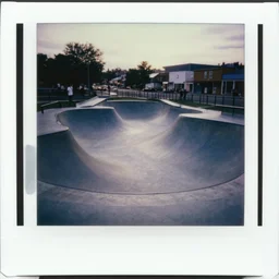 a 1 9 9 0's photograph of a skatepark in a small town at dusk, polaroid, candid photography