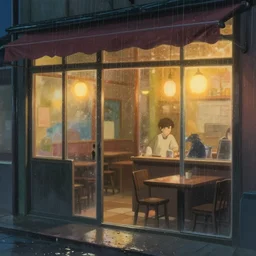 restaurant shop glass, raining, rain on glass, reflective, cozy, warm, night, particles, illustration, digital art, smooth, soft focus, depth of field, hdr, style of studio ghibli, makoto shinkai, wit studio, wlop