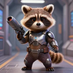 closeup portrait, furry rocket the raccoon standing in the hallway of a space ship from guardians of the galaxy, wearing mass effect armor, holding a rocket launcher, soft volumetric lighting, cinematic, disney, pixar, confident action pose