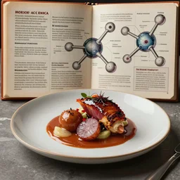 gourmet dinner in the style of weird science movie, molecular gastronomy, science textbook artwork