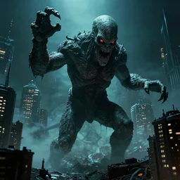 still image taken from sci fi horror movie of a cthulhu attacking a city. low camera angle. failure pictures.