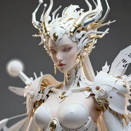 hyper detailed ultra sharp portrait of a beautiful well contoured porcelain ivory smooth fair cyborg warrior fantasy god model, up close shot, sharp focus, global illumination, radiant light, biomechanical white silver gold rhizomorphs headdress, cyberpunk brackets, laser cut paper, puffballs, alexandre ferra white mecha, irakli nadar, alexander mcqueen, octane highly render, 4 k, ultra hd,