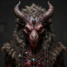 photograph of an extinct animal from hell, dangerous, evil, bloody, small necklace on the head, fur jewelry, intricate details, symmetrical, breath - taking, exif, trending on artstation, cgsociety, by wlop and artgerm