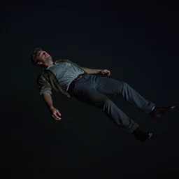 a still from a 1 9 8 5 film with a man lifelessly floating 1 0 feet above the ground at night