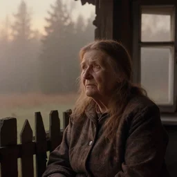 close up portrait bust of old woman sitting on fence, looking outside, tired expression, faded color film, russian cinema, tarkovsky, technicolor, inside old cabin, next to window, heavy forest outside, long brown hair, old clothing, heavy fog, brown color palette, sunset, low light, hudson river school, 4 k, dramatic lighting