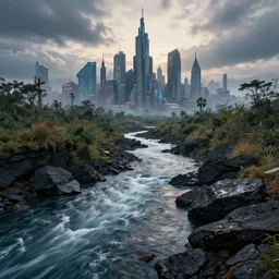 lava river next to very pointy cyberpunk city