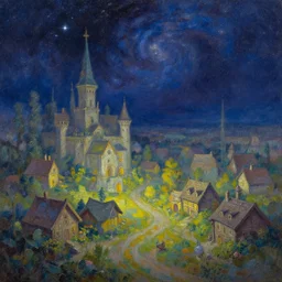 dreamy oil painting of fantasy village with space starry sky above