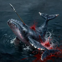 a whale pierced by a spear and bleeding on the ocean, hiper detailed, dark art, horror art, digital art, realistic painting, high angle, volumetric light, part by beksinski, part by caarl gustav carus with red blood brushstrokes by swanland raymond.