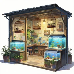 pleasing two - point - perspective anime background clean neat clarity professional visual development set design, tiny cozy store with hanging bird cages and bright fish aquariums, sparse planted terrariums, dim painterly lighting volumetric aquatics, impasto, trending on pixiv