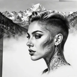 fade of a hyper realistic mountain scenery with a beautiful woman face, tattoo design sketch, in the style of matteo pasqualin, hyper - realistic, amazing detail, black and white