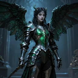 angel knight gothic girl in dark and green dragon armor. by gaston bussiere, by rembrandt, 1 6 6 7, artstation trending, blue light, by konstantin razumov *