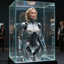 cybernetic!!!! jennifer lawrence trapped in a glass box, style of moebius, james jean, mcbess, cinematic, highly detailed, award winning, 8 k photorealistic