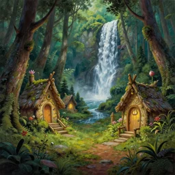 detailed painting of fairy huts in the moosy forest clearing near waterfall, in the style of peter mohrbacher, james jean, artgerm, dramatic lighting and composition, surreal background, octane render, pixar, trending on artstation, concept art, comic book, 8 k