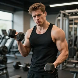 a dumb gigachad in a gym looking confused, professional photography