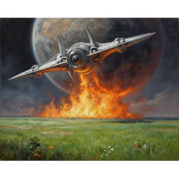 a grassy landscape with a star destroyer falling down to the planet in flames, oil painting