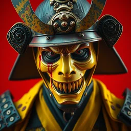 old samurai, no mask, blood, goth punk, vibrant yellow, colors, surreal, a french baroque by alexander mcqueen, hyper detailed, very detailed, photograph, cinematic lighting, photorealistic, octane render, no red background