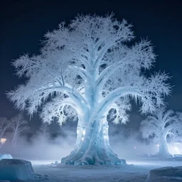 artwork of a massive overgrown ice sculpture tree forest at night, fog, cold ambient light, artwork by gerald brom, beautiful, 4 k, masterpiece,