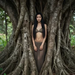 a beautiful asian goddess portrait emerging from the bark of an ancient tree, vines and cracked wood