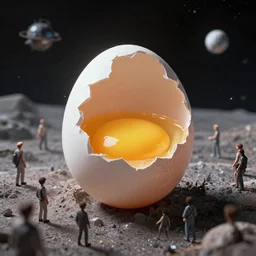 Surreal cracked egg in outer space full of people