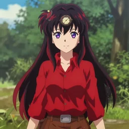 beautiful anime woman, wearing full clothing red shirt brown pants, black and red hair hair, galaxy eyes, clockpunk, symmetrical face, symmetrical eyes, full round face, short smile, detailed, summer setting, cinematic lighting, makoto shinkai, artgerm, ilya kuvshinov, loish