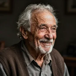 poignant portrait of an old man who has lost so much, he is smiling finally, nostalgia, melancholy